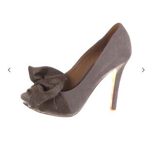 Badgley Mischka High Heel Bow Pumps Shoes Suede Peep Toe Sandals Size 5.5